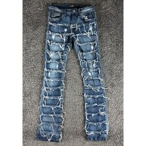 Dash Mens Distressed Shredded Panel Denim Jeans Blue 32x36 Streetwear Slim Fit